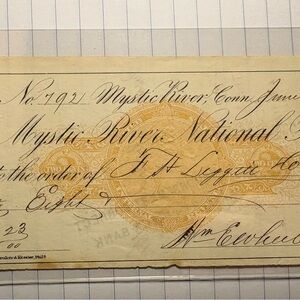 1872 Mystic River National Bank Check Connecticut Antique Banking Document